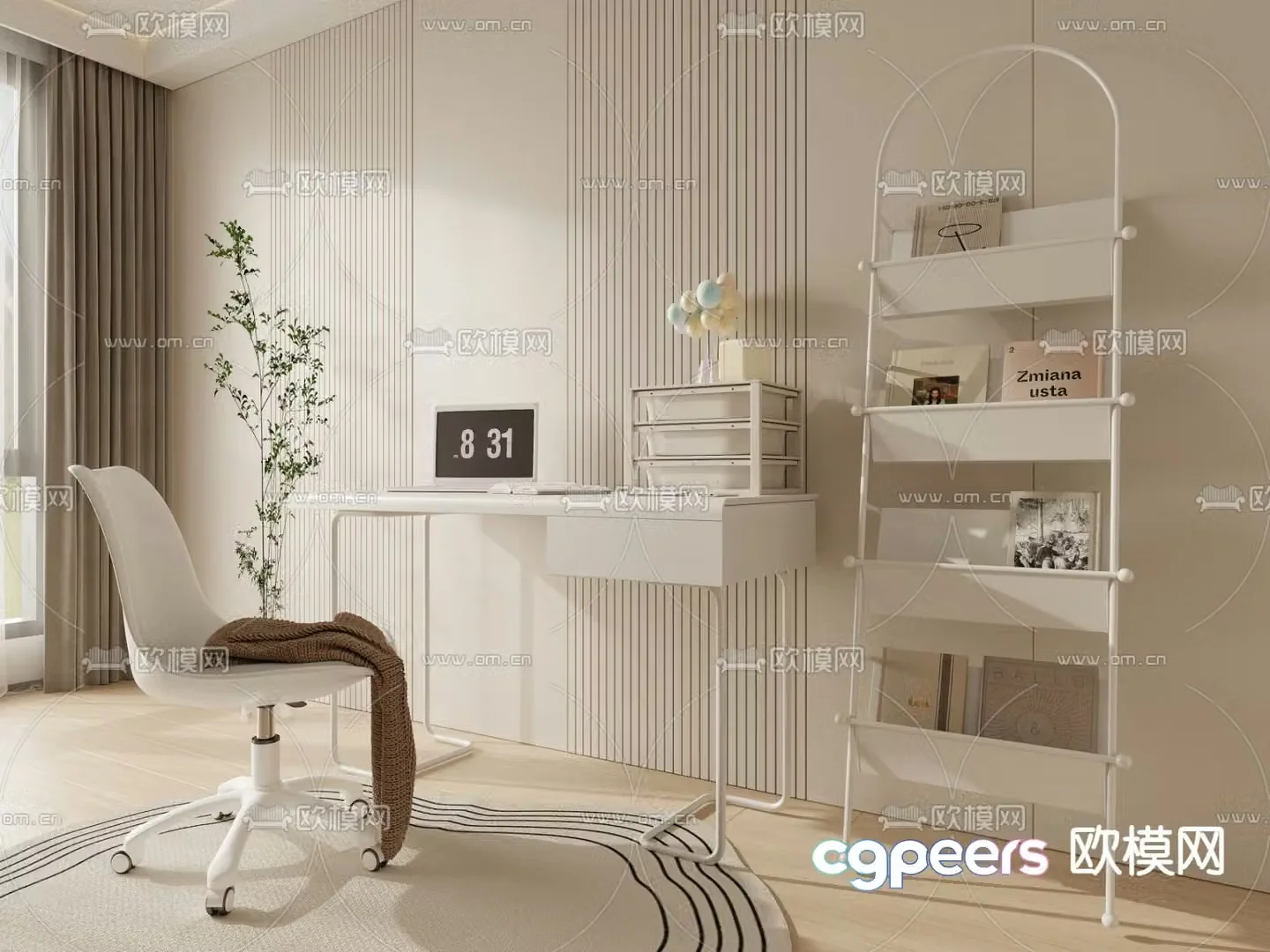 Cream style desk computer desk study table 3d model