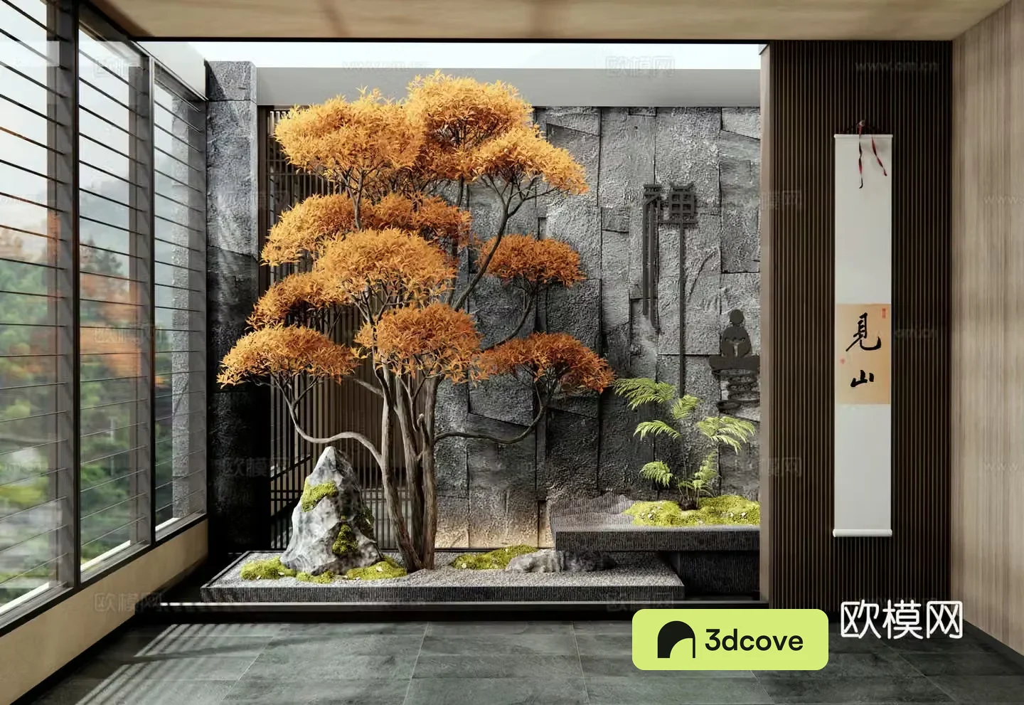 New Chinese style interior landscape plant landscaping patio landscape moss stones landscape tree