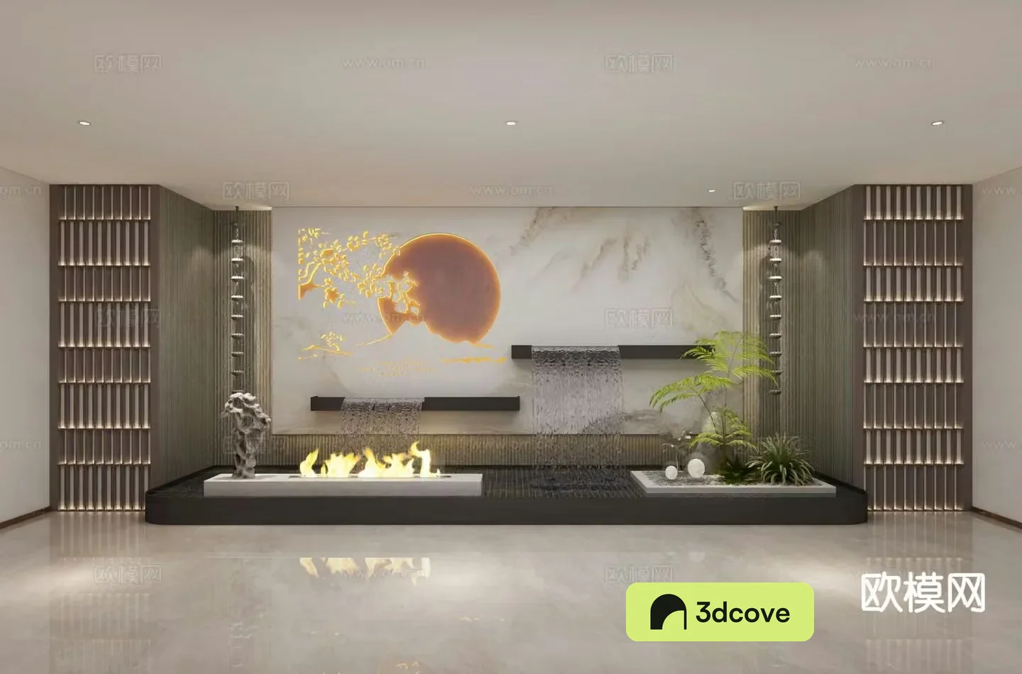 Modern fountain flowing water indoor sketch