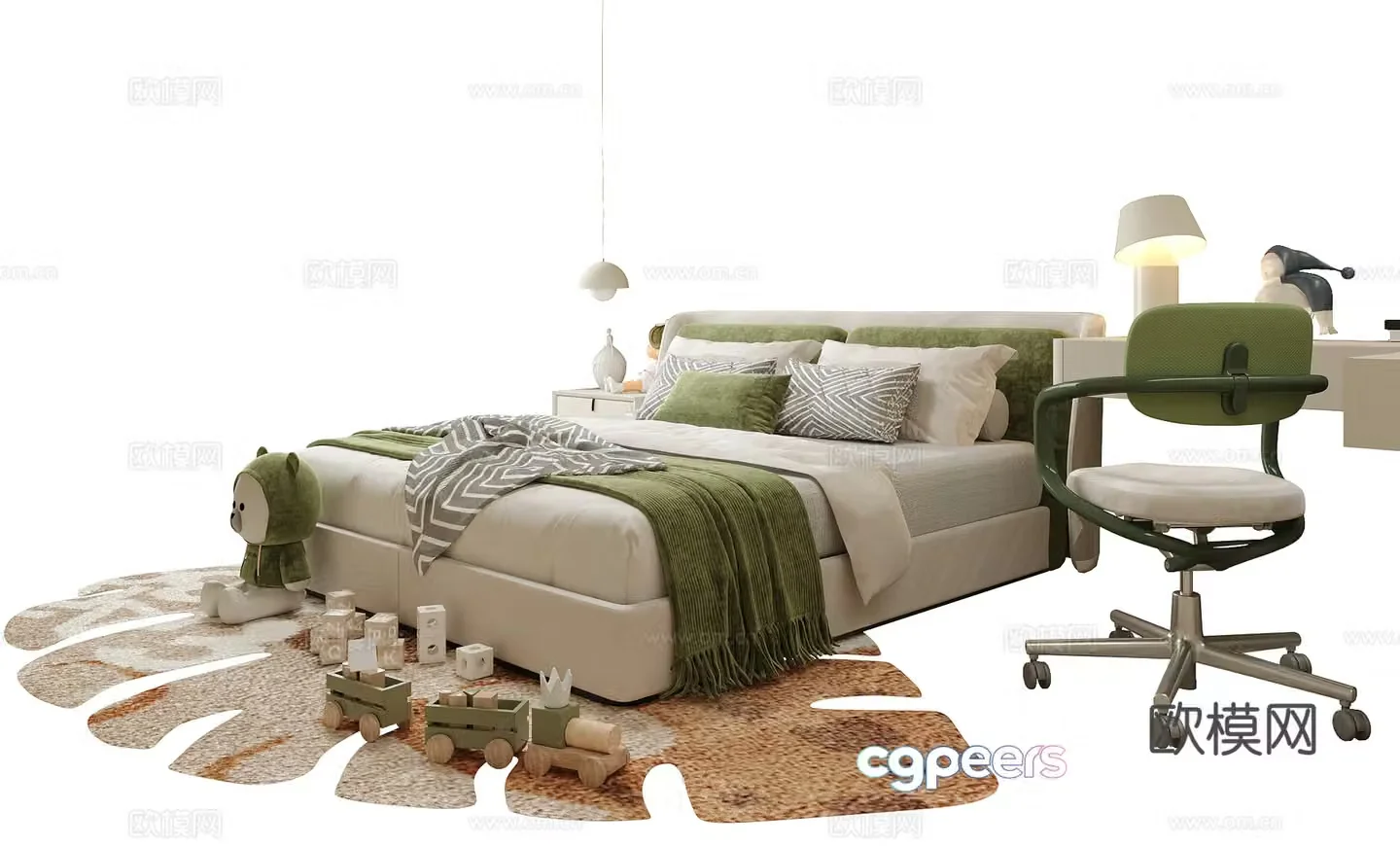 Modern children’s bed children’s bedside table bedside chandelier 3d model
