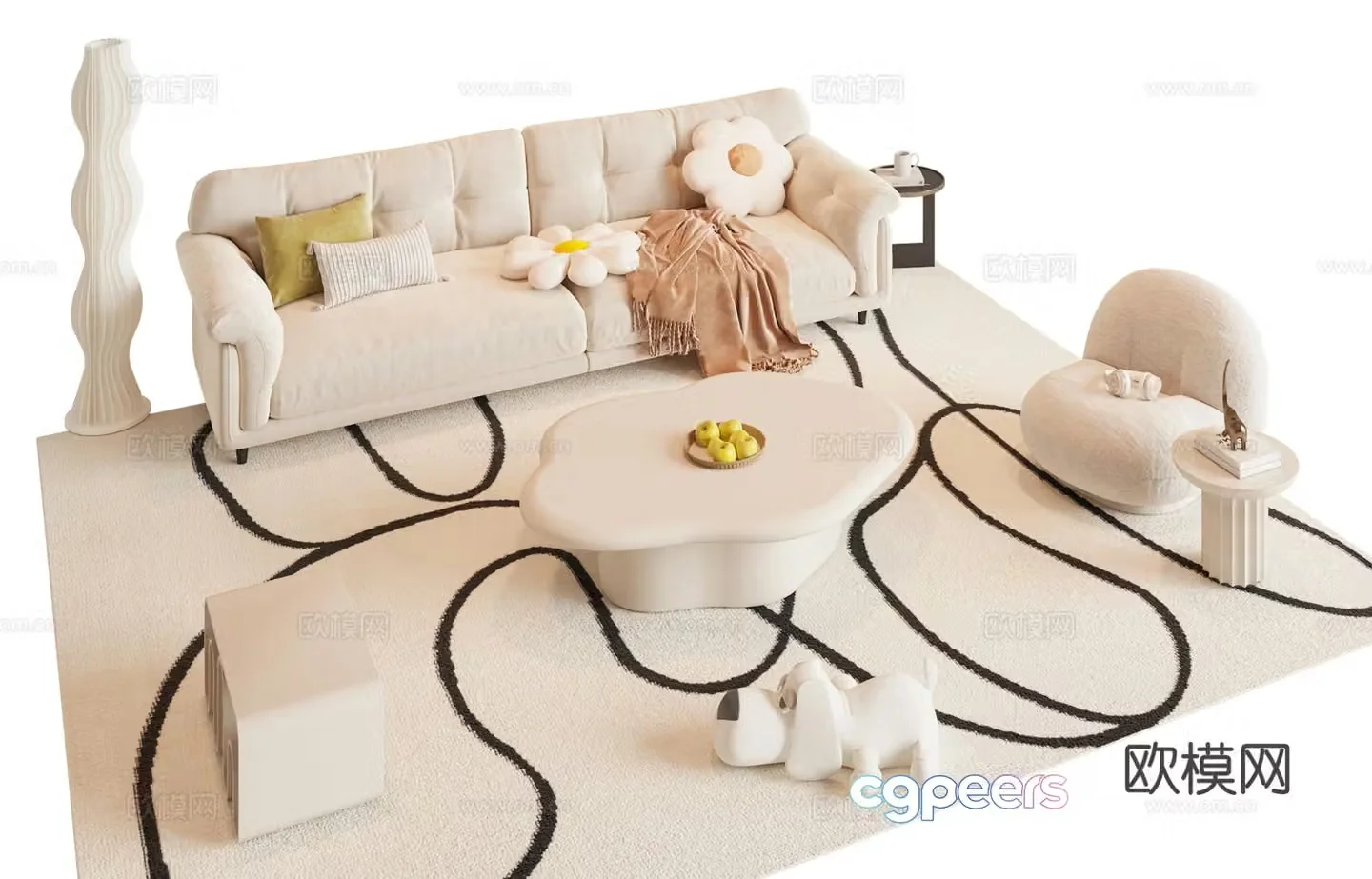 Creamy sofa coffee table combination 3D model