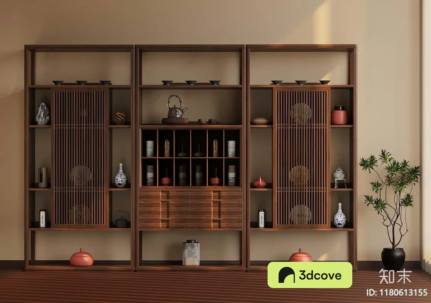 A Wooden Shelving Unit With Various Decorative Items