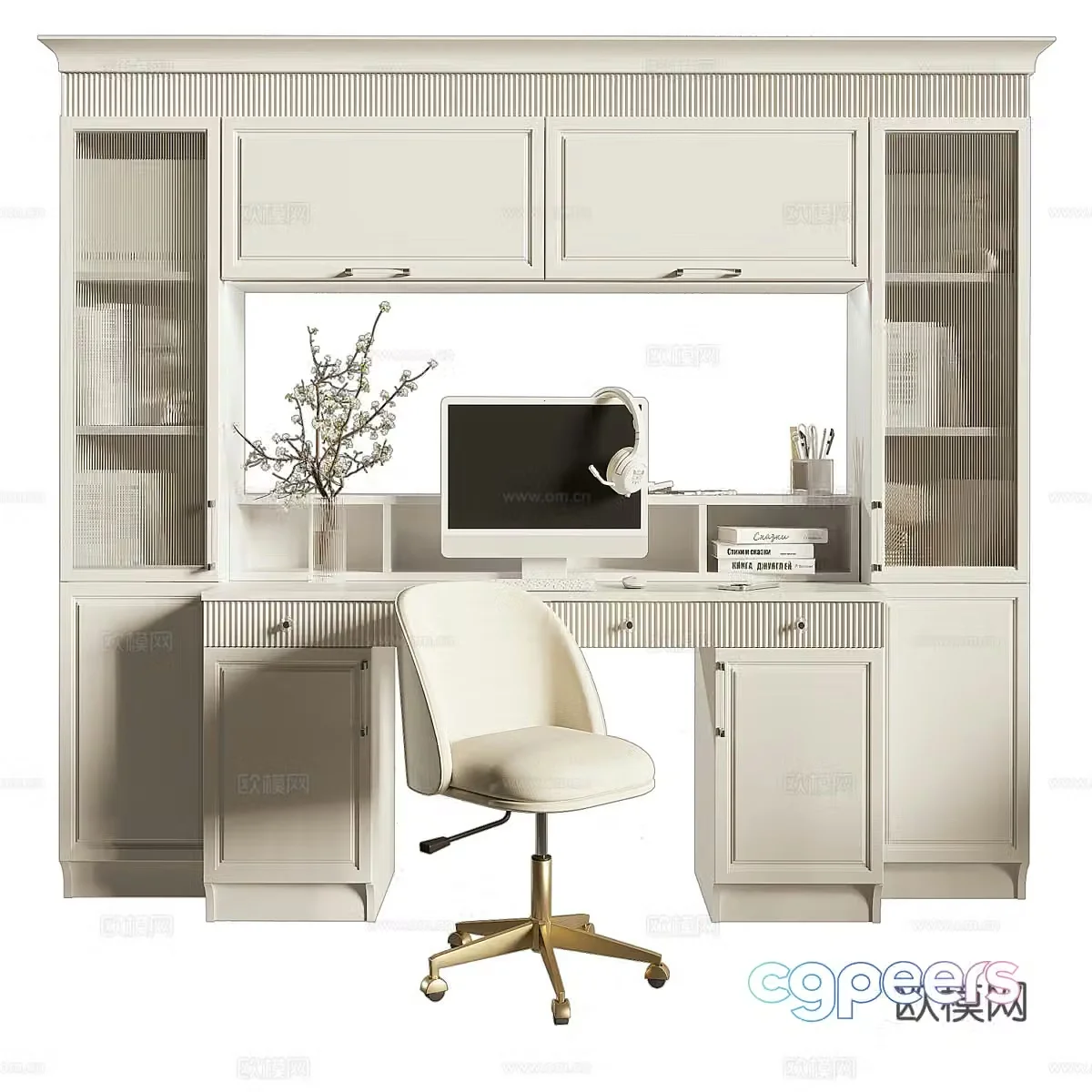 Modern cream style bookcase desk and chair combination 3D model