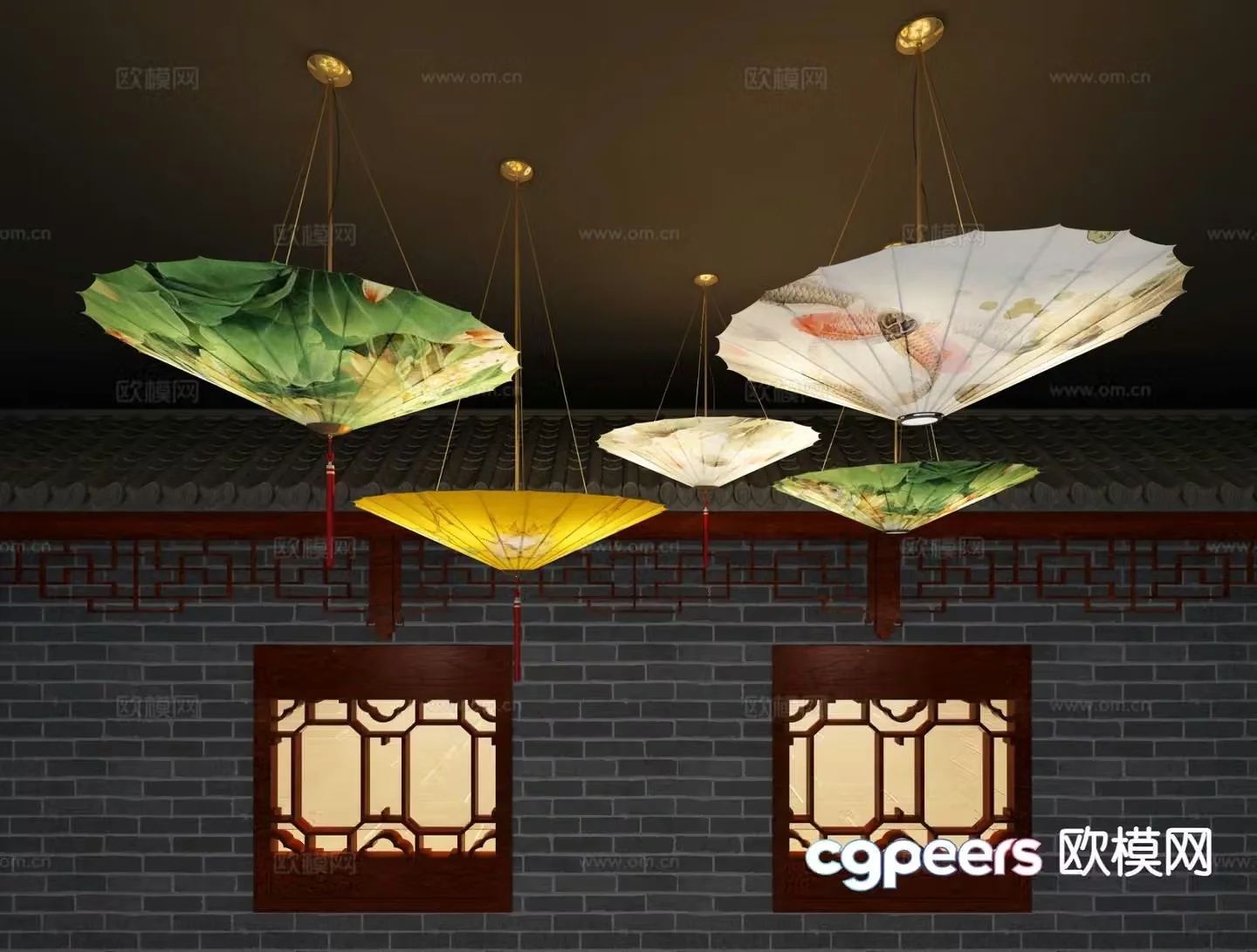 New Chinese style chandelier oil paper umbrella chandelier 3d model