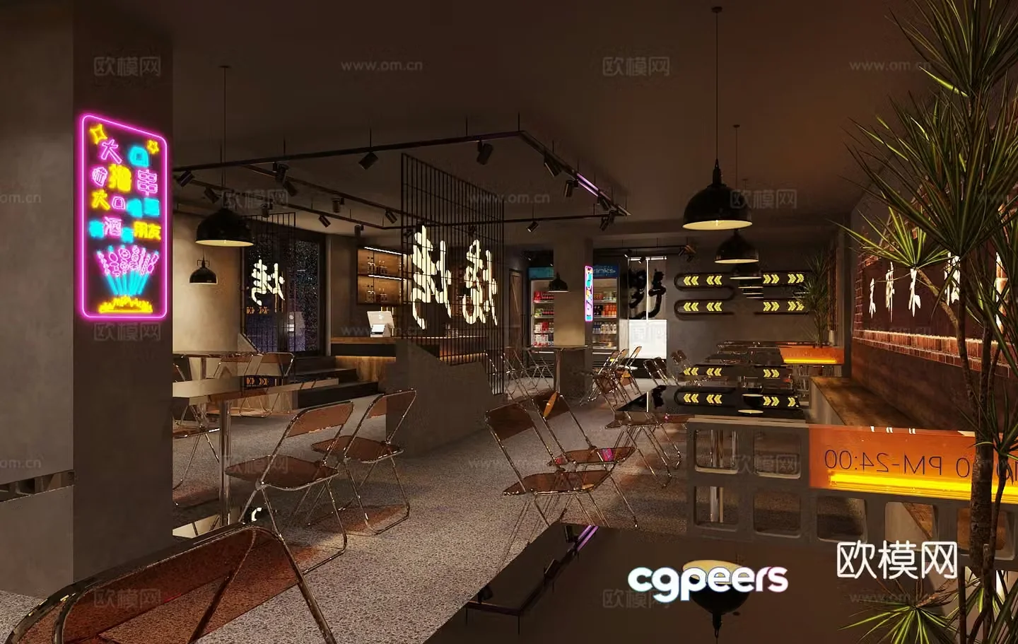Industrial style hot pot restaurant barbecue barbecue restaurant tea restaurant stainless steel dining table and chairs barbecue restaurant wall decoration 3D model