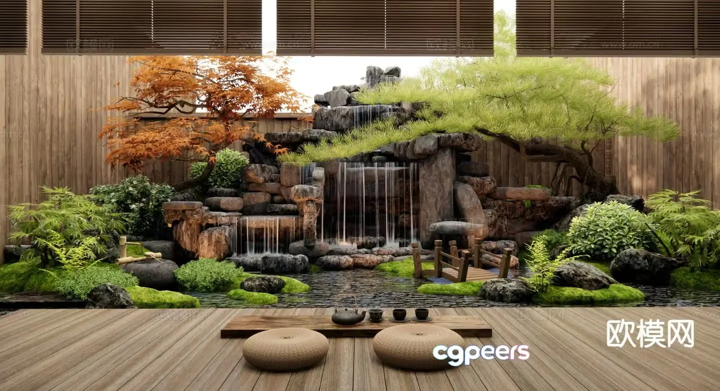 Dry landscape landscape rockery flowing water 3D model