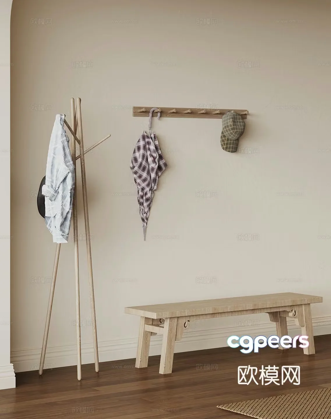 Clothes hanger New Chinese style clothes hanger Clothes hook Shoe changing stool 3D model