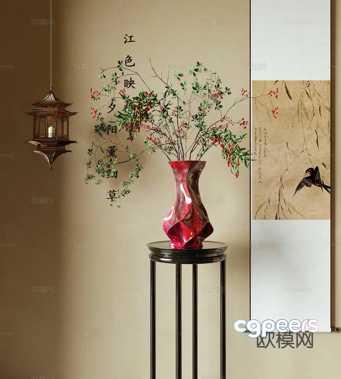New Chinese vase flower art flower arrangement flower art hanging painting 3D model