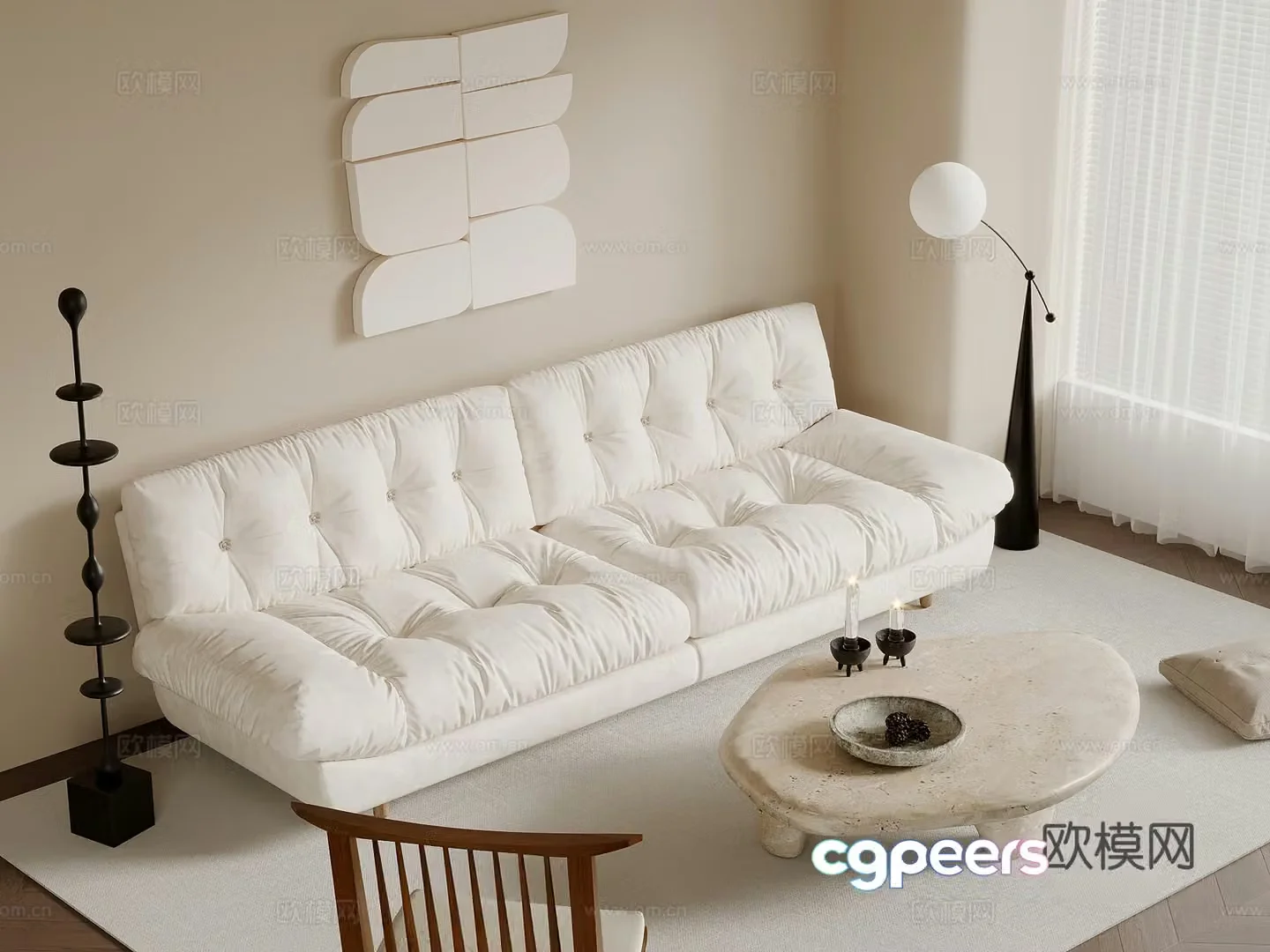 Creamy style multi-person sofa leather sofa coffee table hanging painting floor lamp 3d model