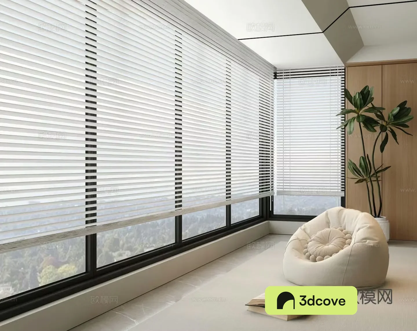 Venetian blinds floor-to-ceiling windows balcony lazy sofa green plant potted plant