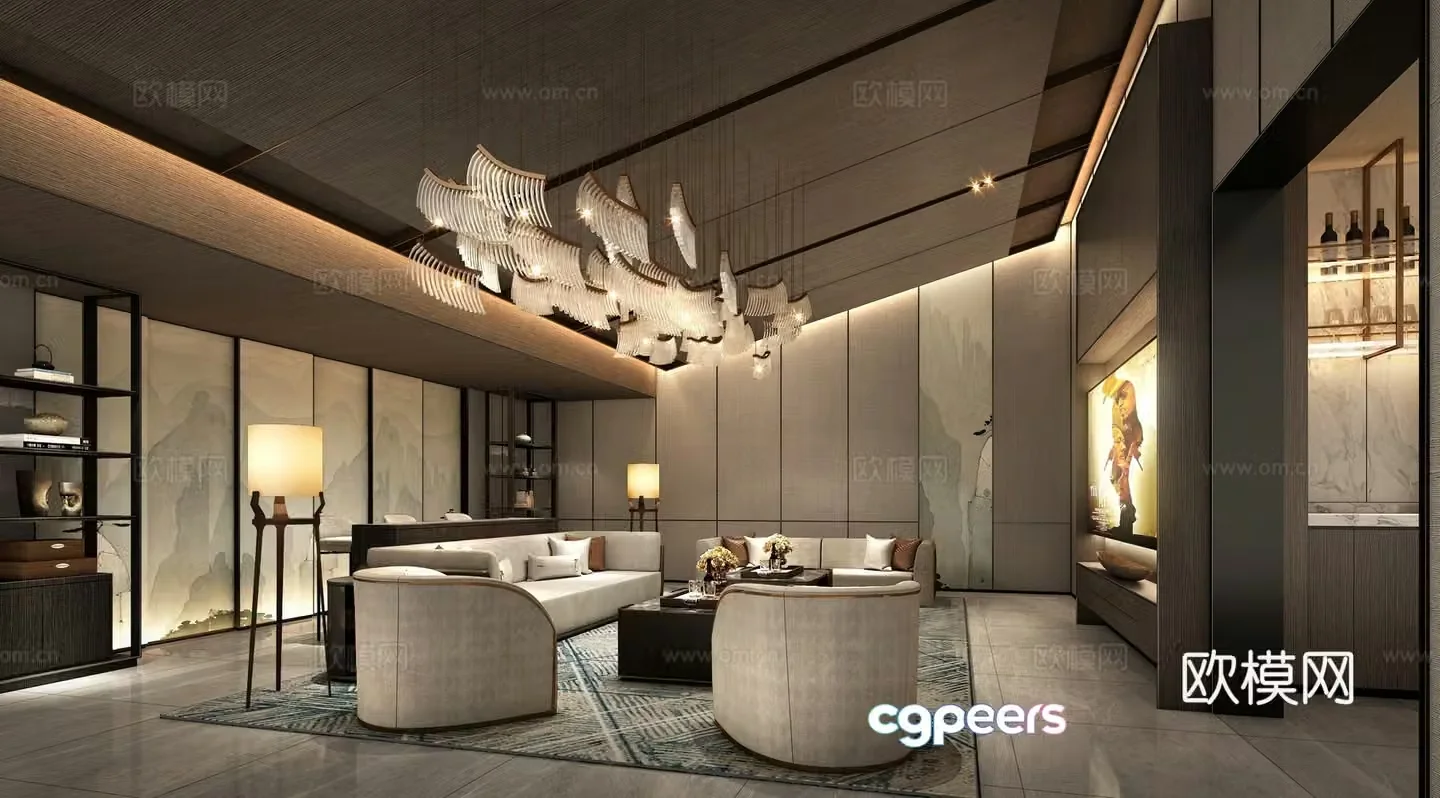 New Chinese-style audio-visual room 3d model of villa audio-visual room