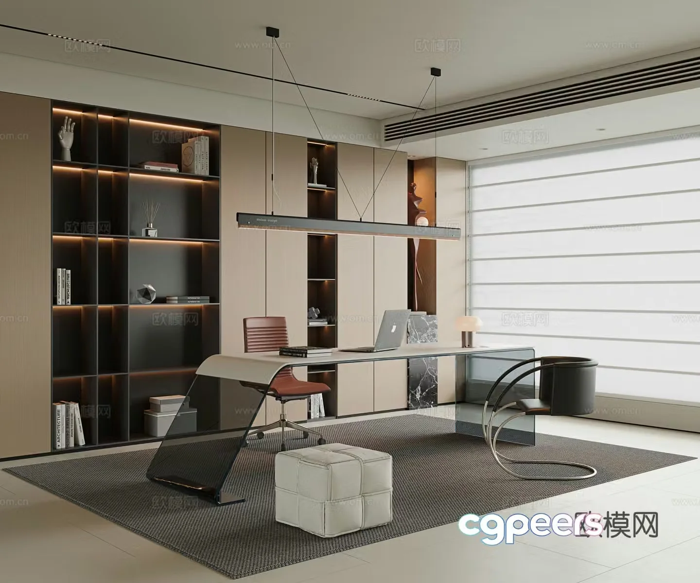 Italian modern study villa study high-end study desk and chair combination study bookcase 3D model