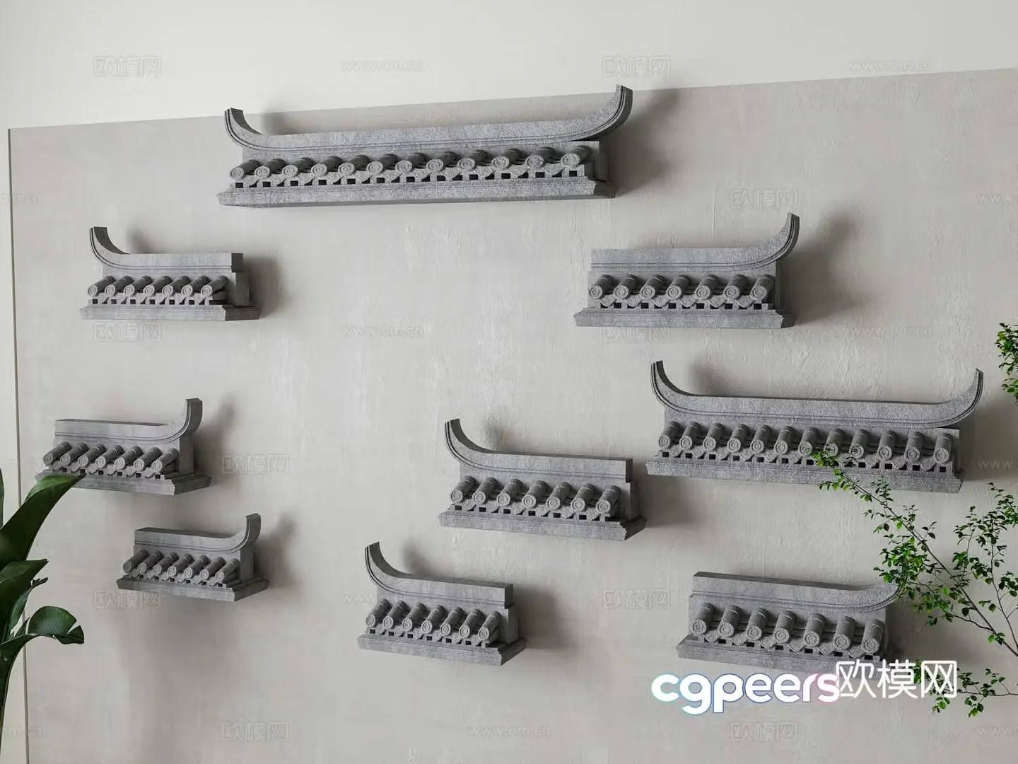 New Chinese style eaves wall decoration 3D model