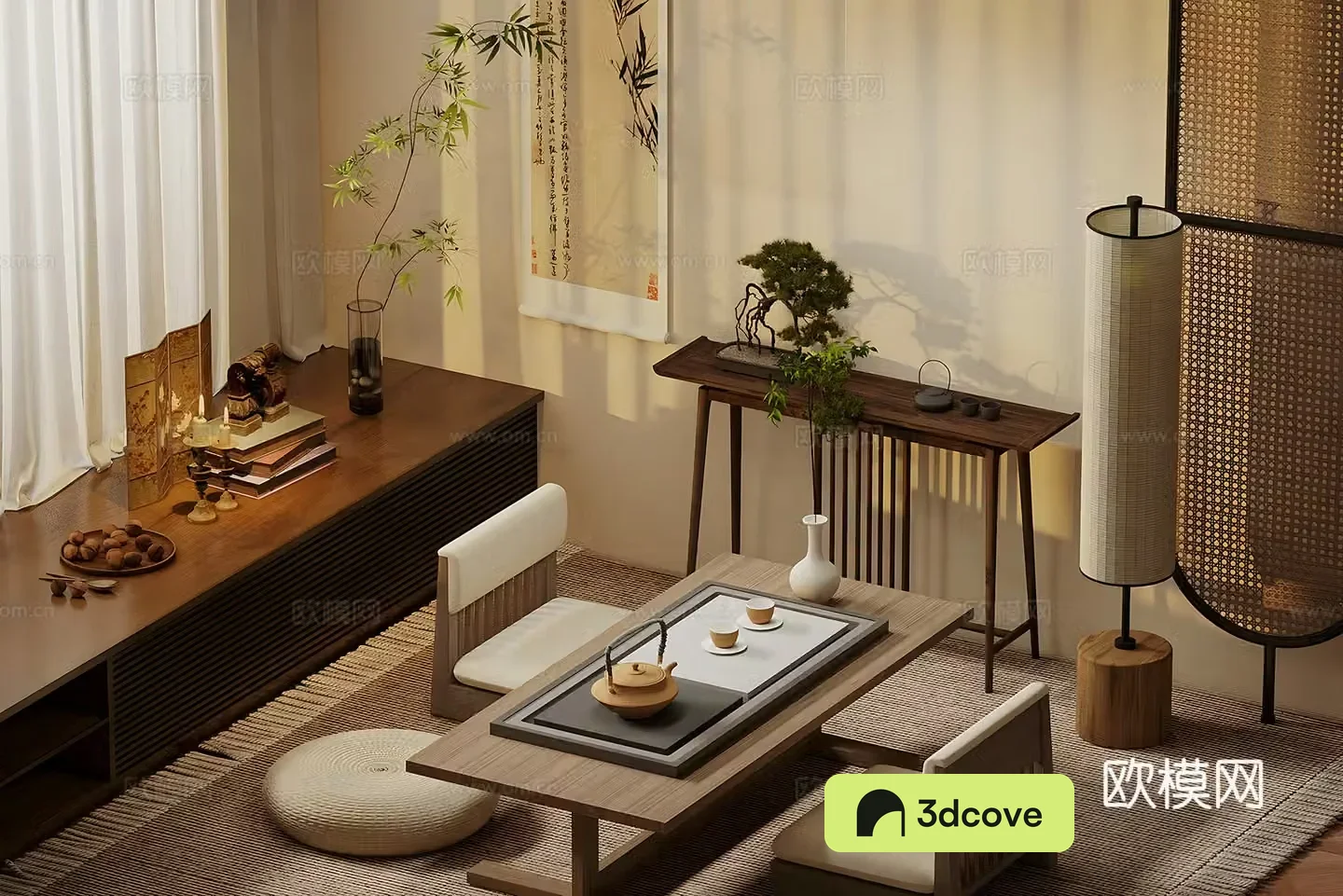 New Chinese-style tea room Tatami tea room New Chinese-style table floor lamp Tea set Ornament combination