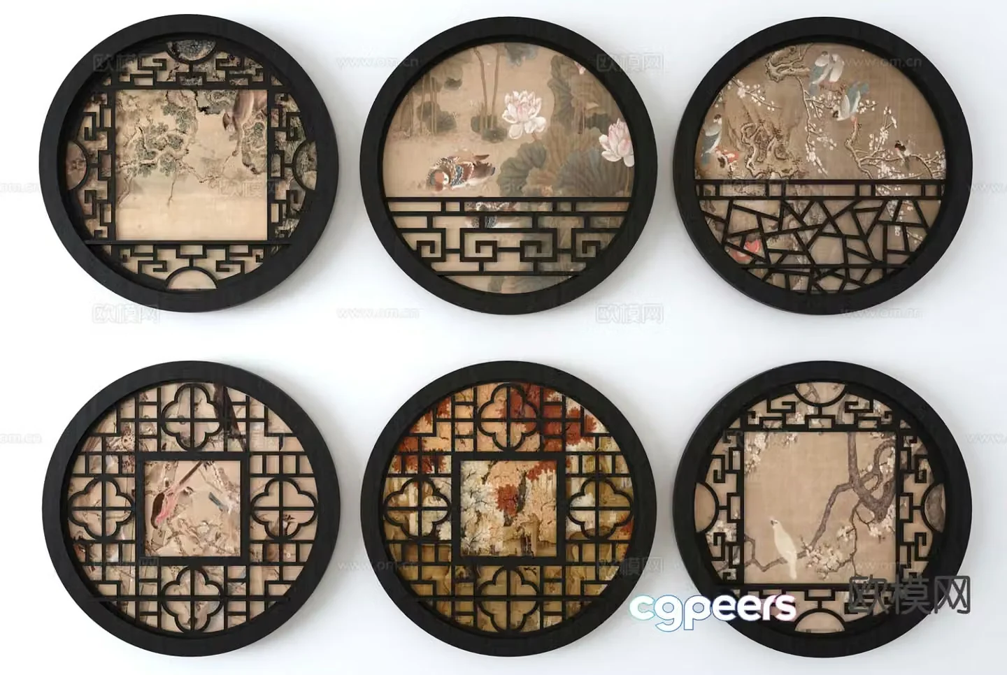 New Chinese style hanging painting round hanging painting window grille 3D model