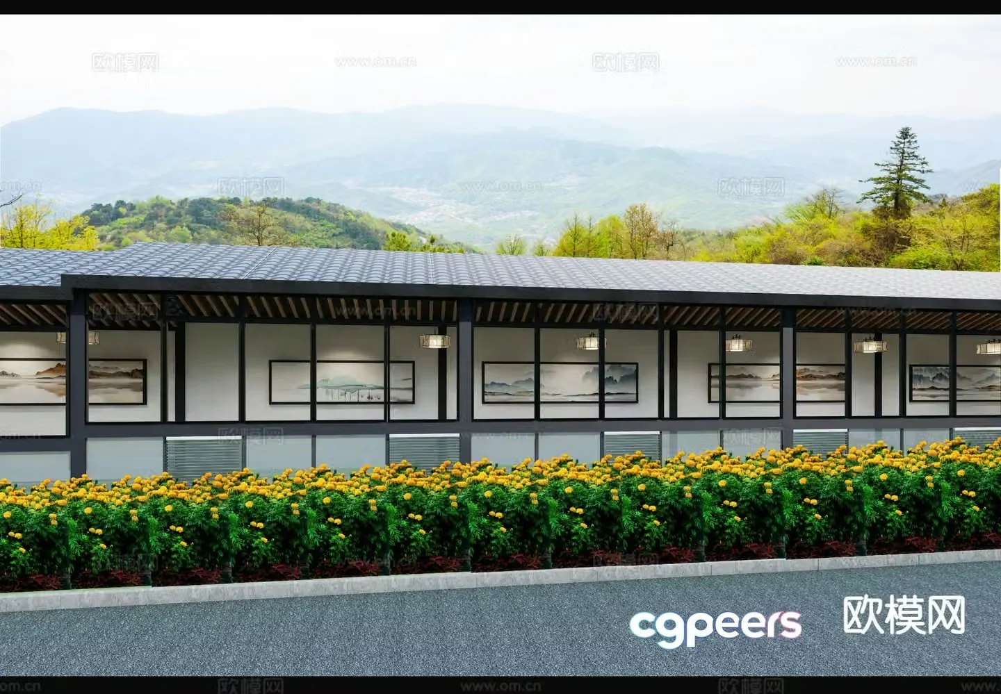 New Chinese style wind and rain bridge landscape 3D model