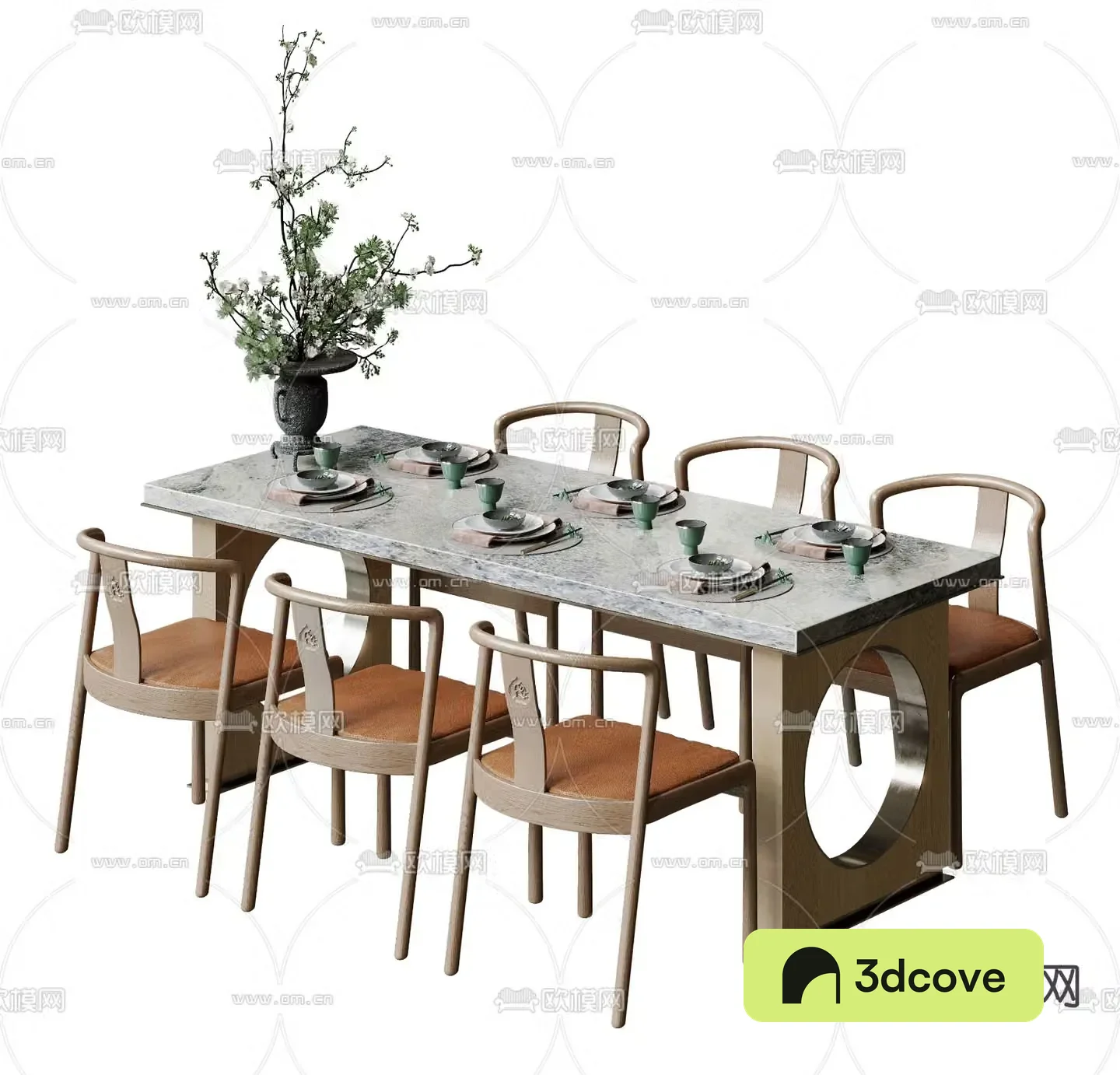 New Chinese style dining table and chairs slate dining table 3d model
