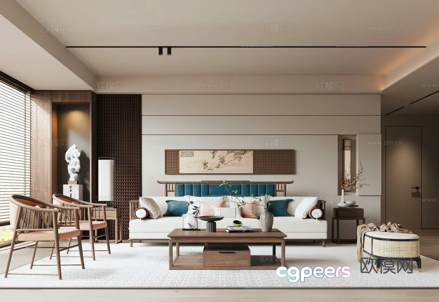 New Chinese style living room sofa background wall sofa coffee table combination 3D model