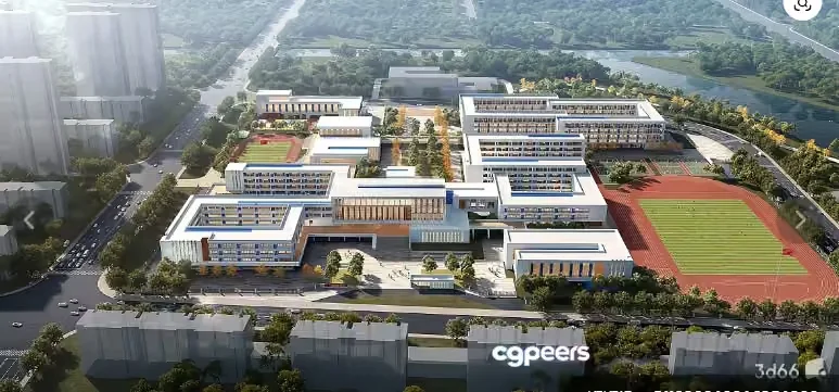 Aerial View Of A Large Building Complex With A Track And Field 3D Model – 17496 – VRAY Render