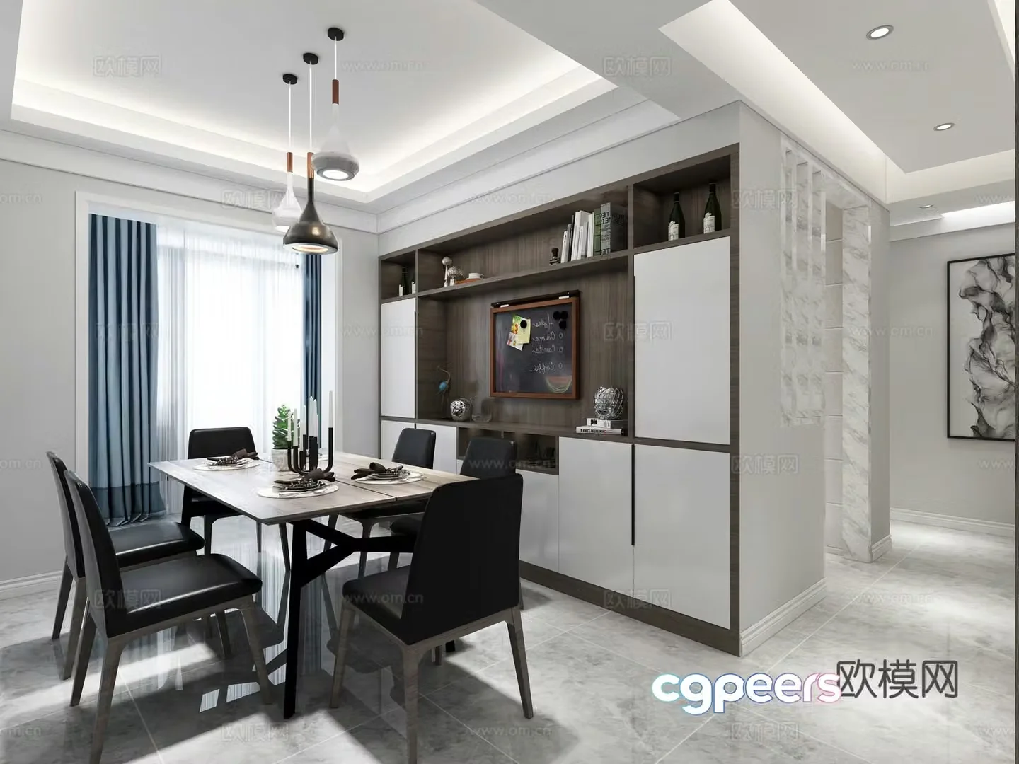 Modern style black and white and gray living room sofa coffee table chandeliers paintings TV cabinets ornaments 3D model