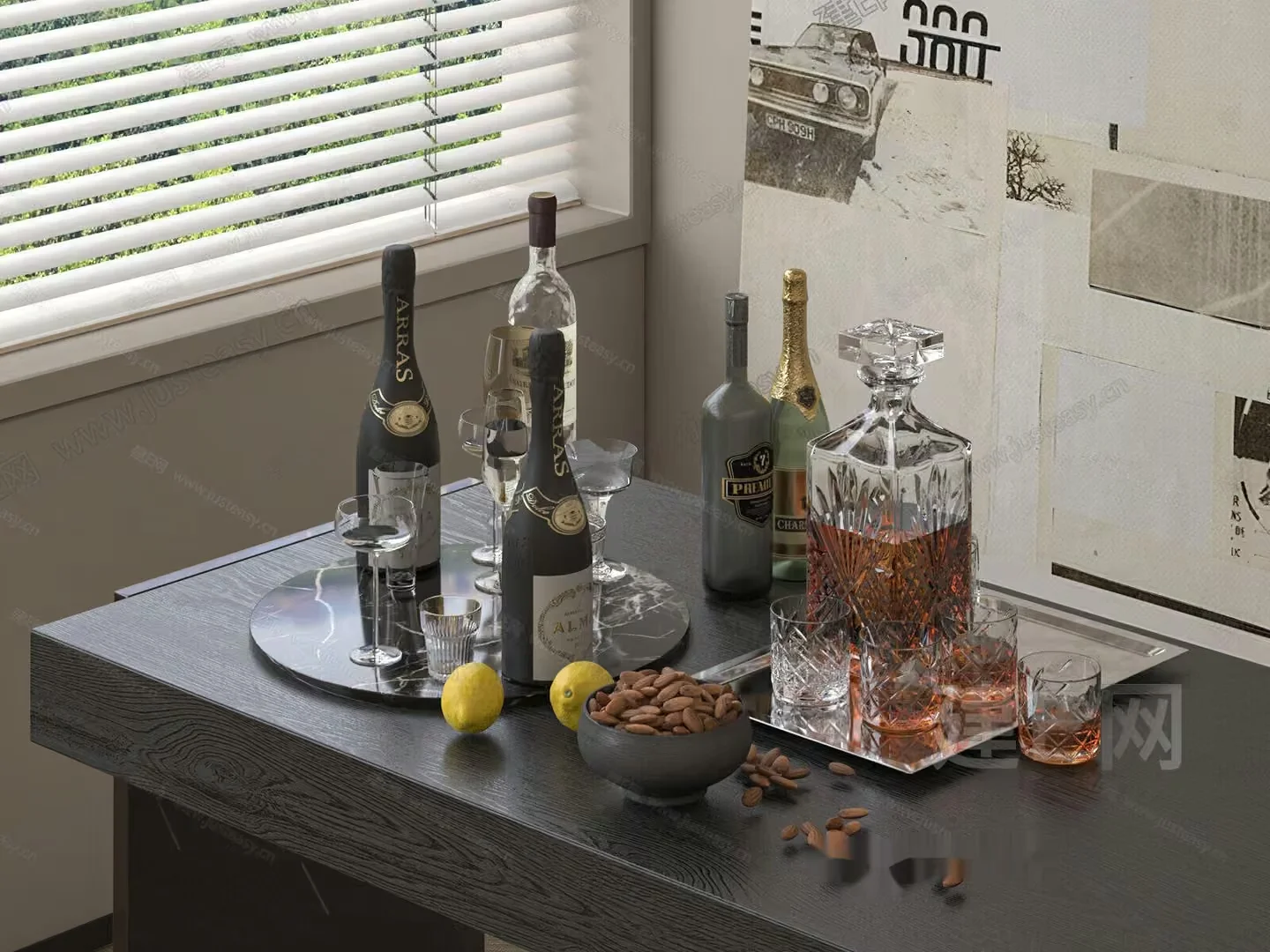 A Table With Various Bottles And Glasses 3D Model – 20409 – VRAY Render