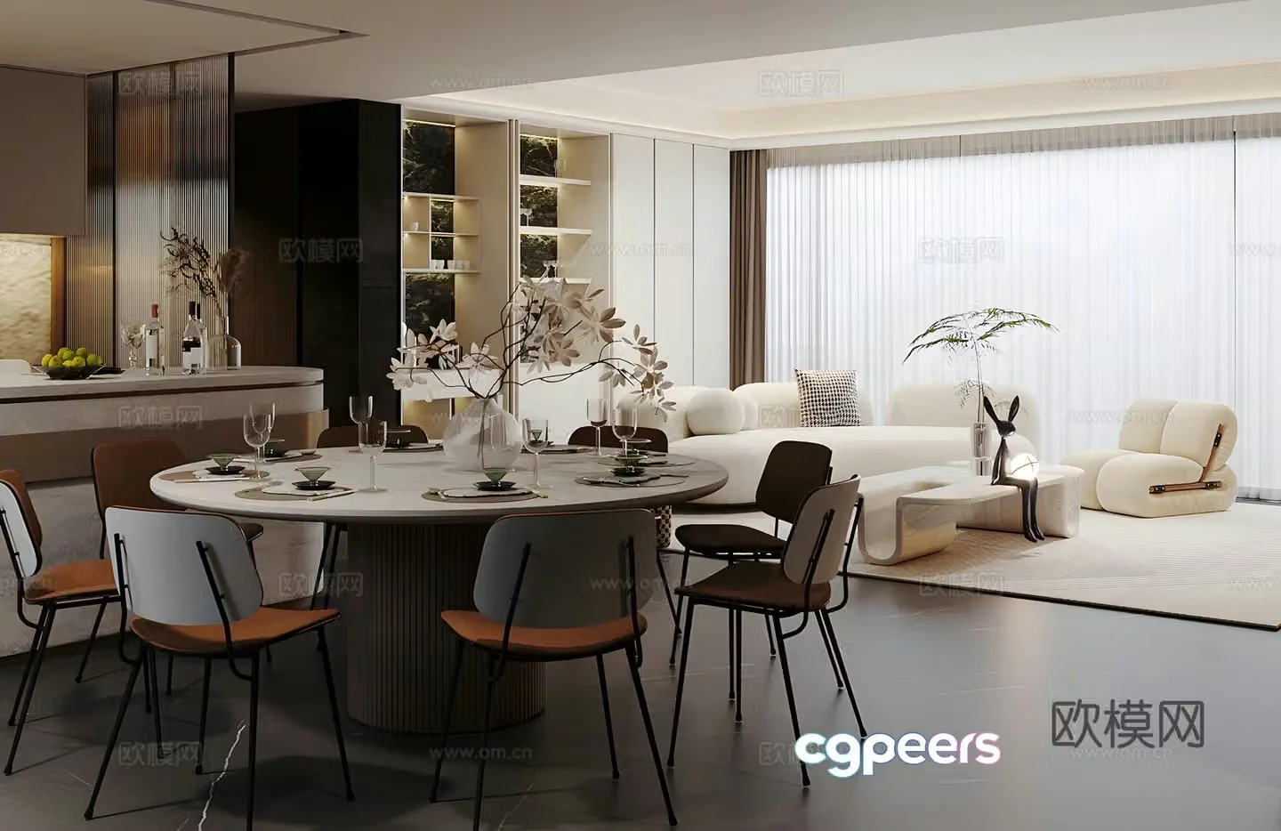 Light luxury Italian home living and dining room homeless lights modern living and dining room horizontal living and dining room 3D model