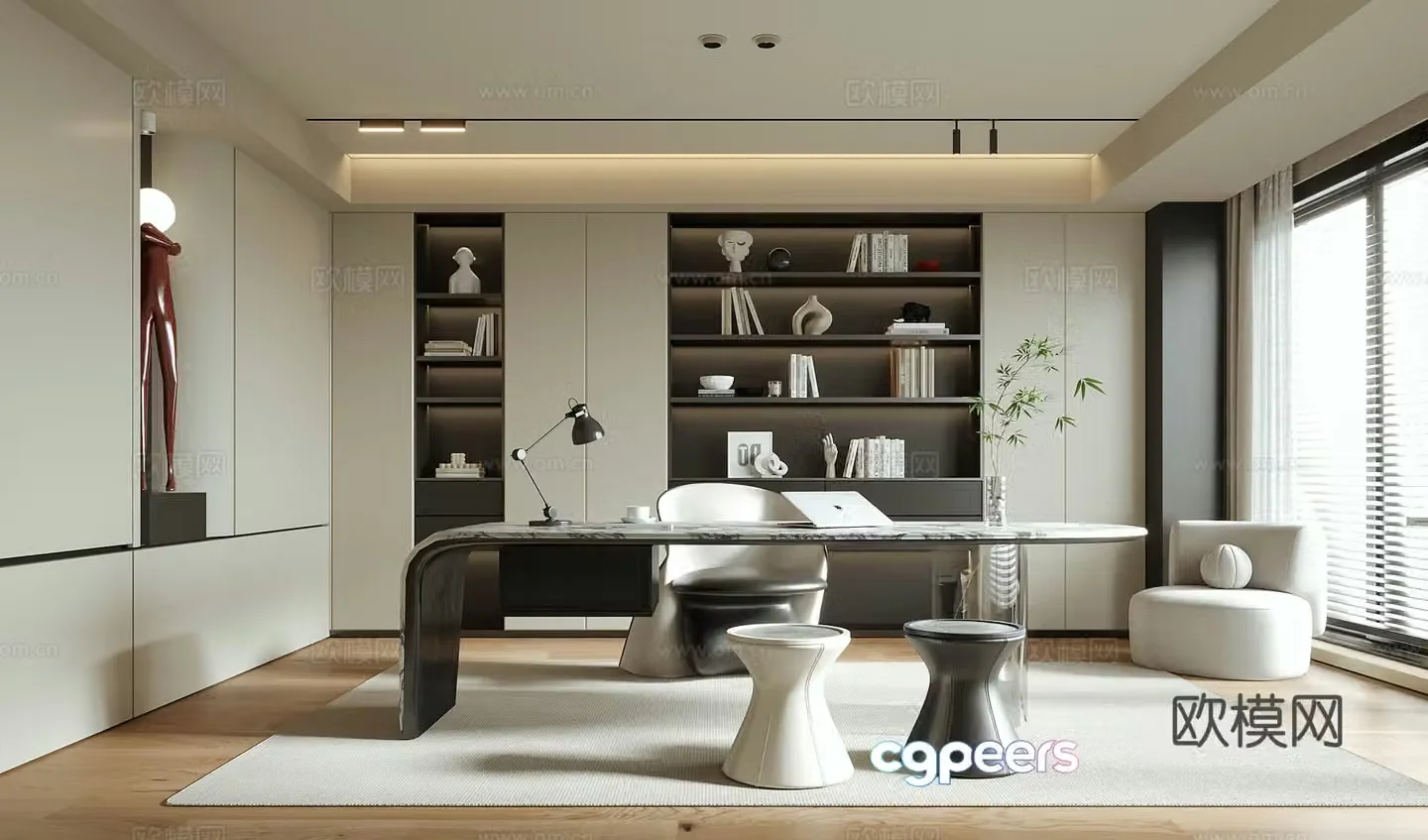 Modern study desk bookcase stool 3d model