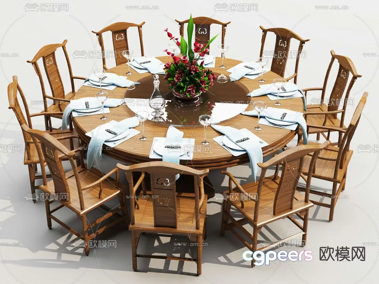 Chinese dining table and chairs round dining table 3d model