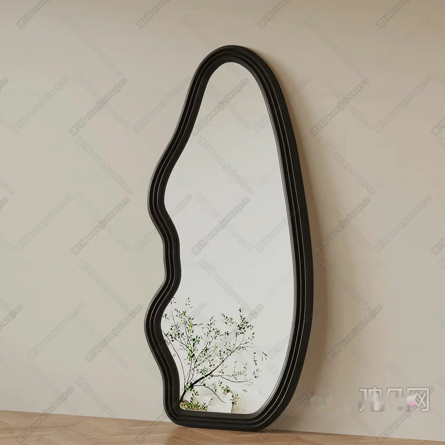 A Black Wavy-Framed Mirror With A Tree Branch Reflection 3D Model – 6053 – VRAY Render