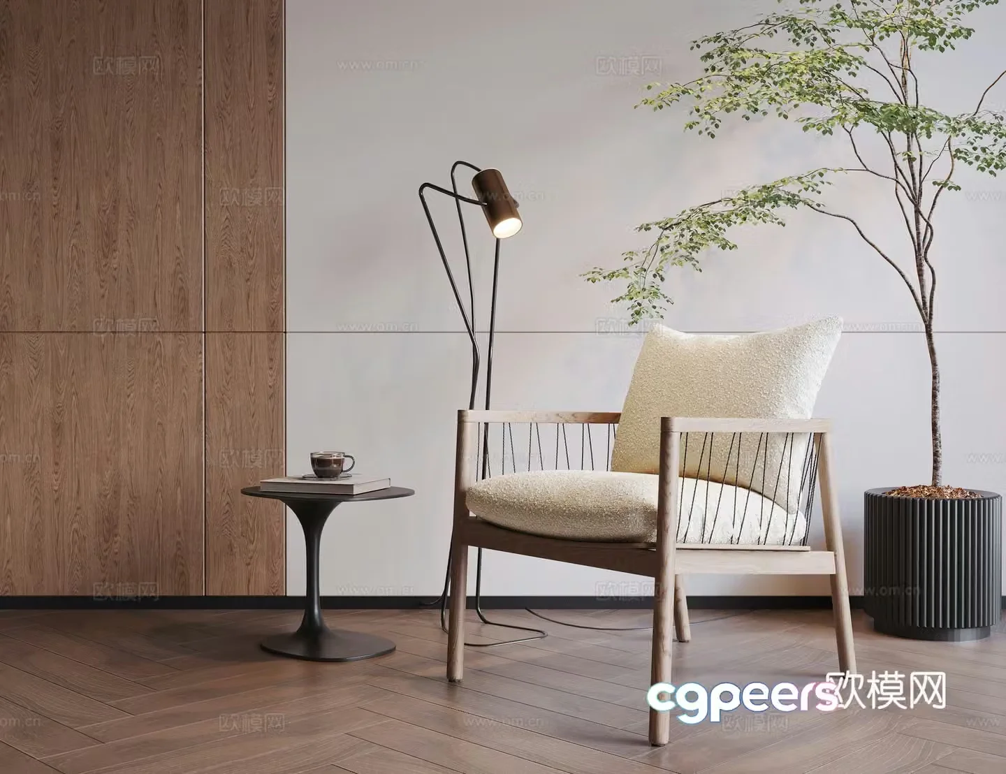 Middle-aged leisure chair wooden leisure chair book chair sofa chair floor lamp edit 3d model
