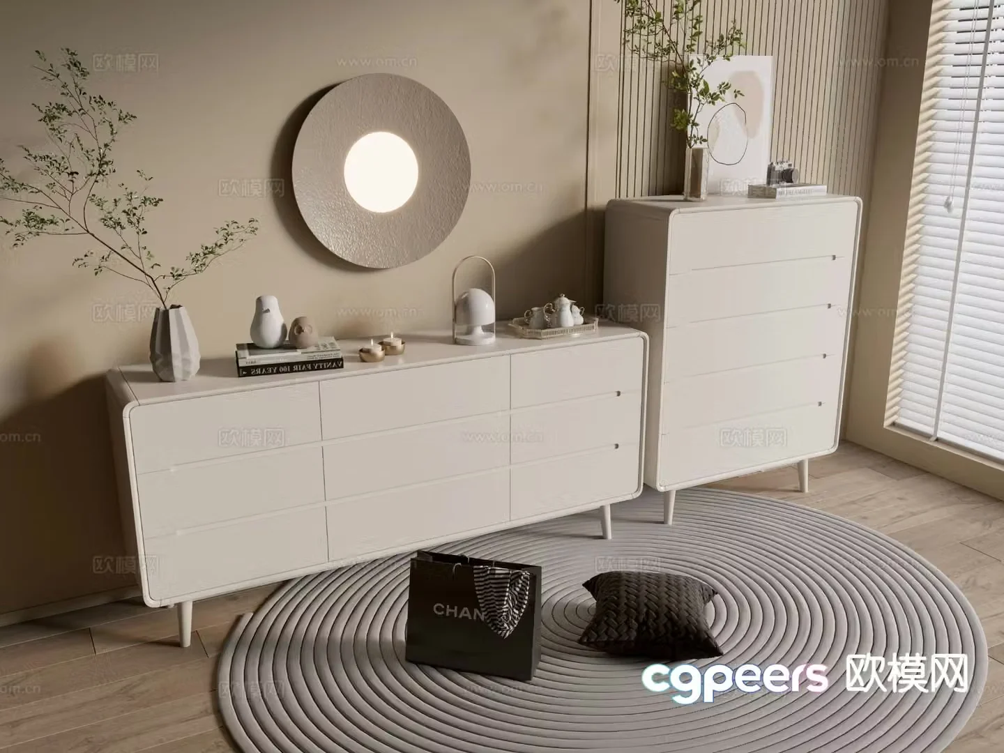 Cream style chest of drawers side cabinet 3d model