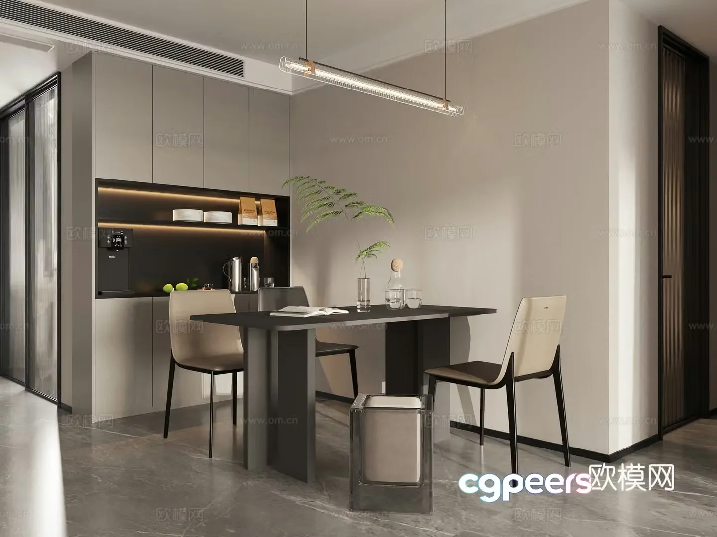Modern high-end gray restaurant dining table and chair 3d model