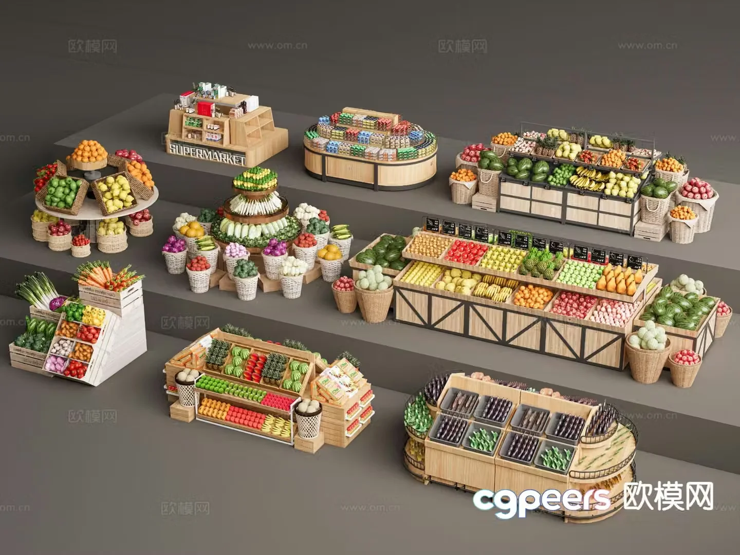 Modern supermarket shelves fruit shelves fruit and vegetable products 3d model