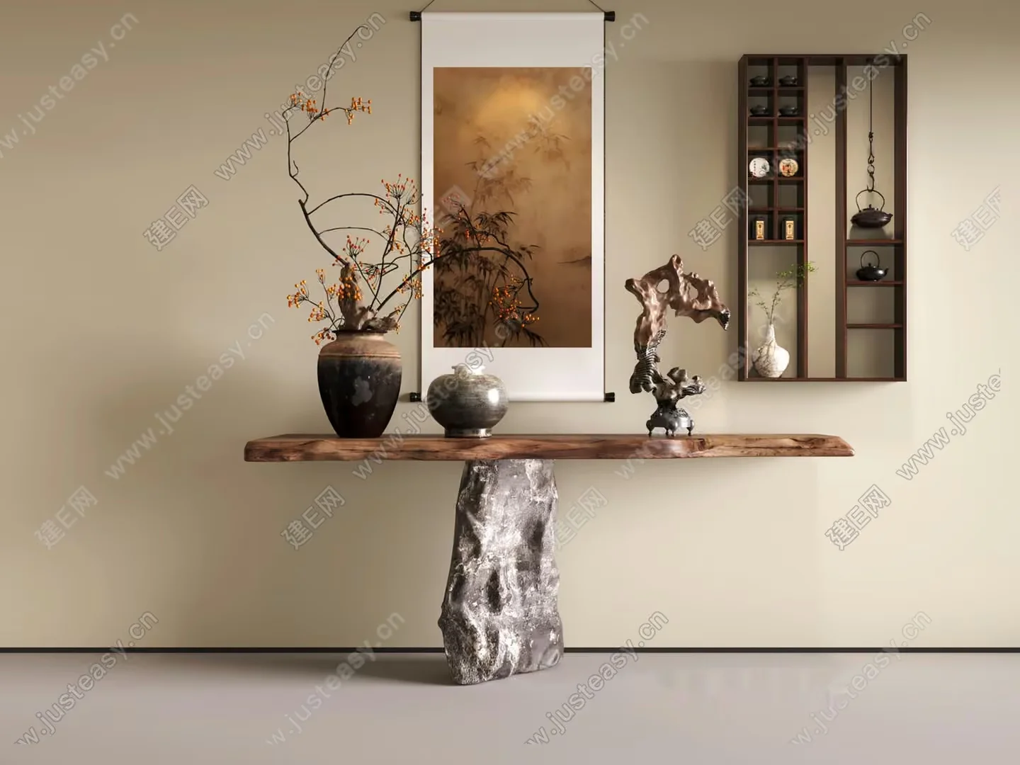 A Console Table With Asian-Inspired Decor 3D Model – 5090 – VRAY Render