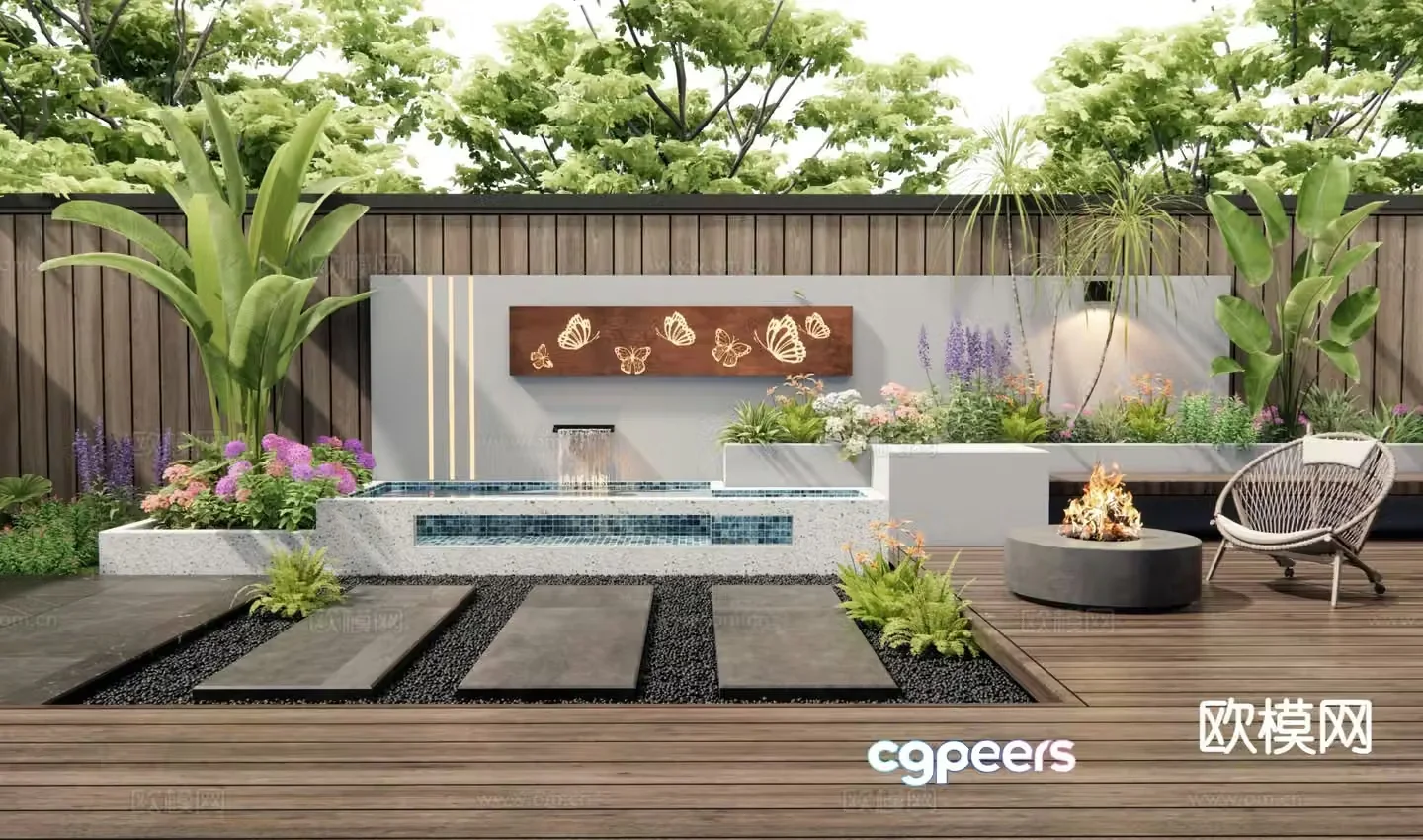Modern courtyard water feature falling water fountain 3D model