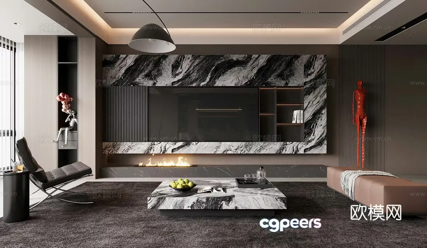 Italian minimalist living room TV background wall sofa coffee table combination 3D model