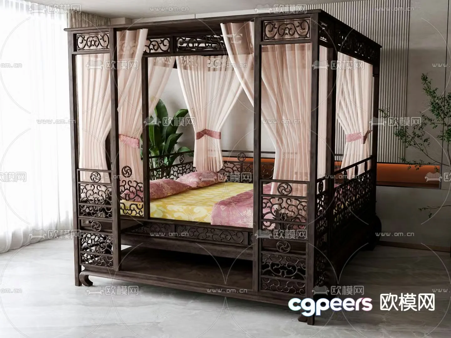 New Chinese style double bed 3d model