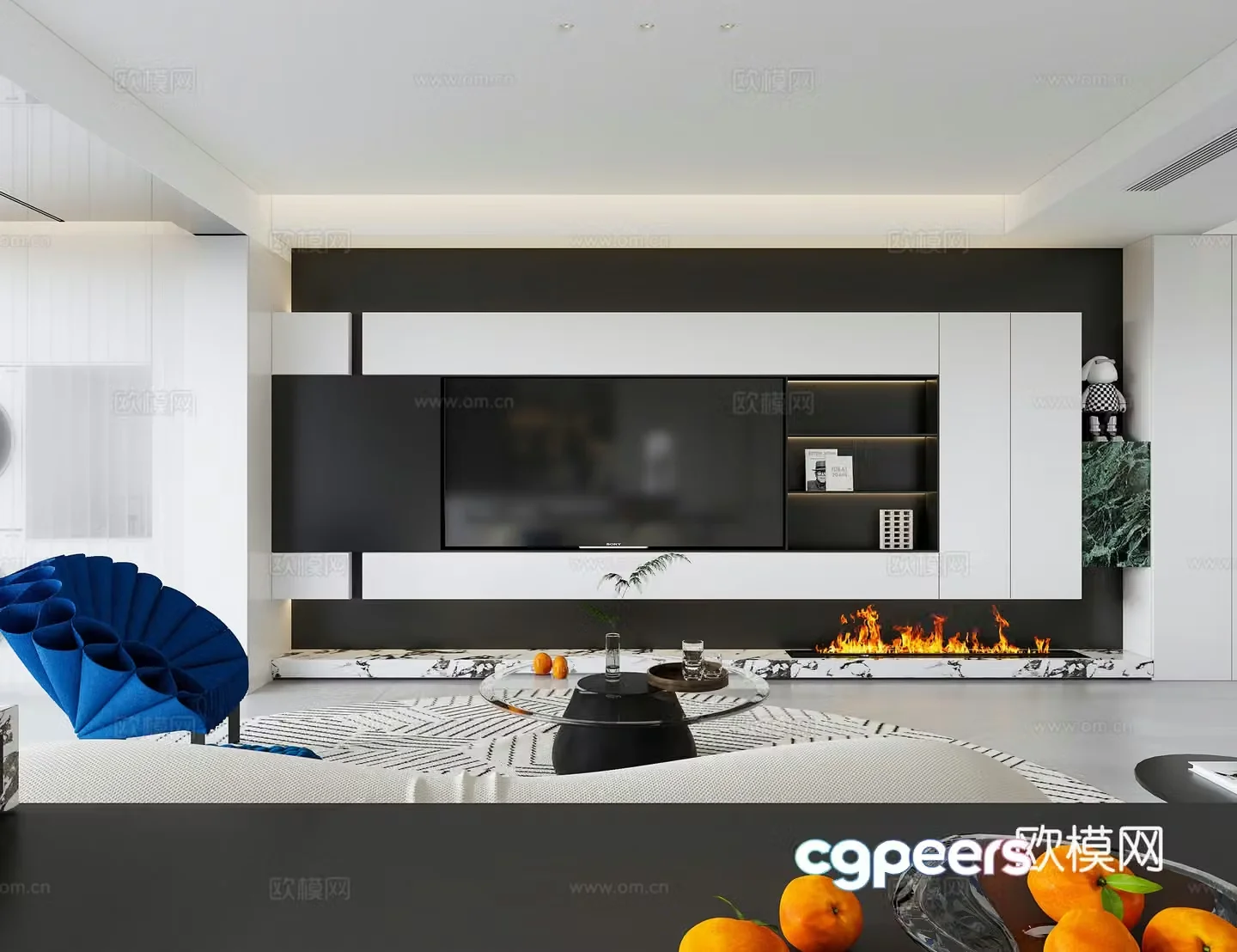 Modern minimalist living room modern minimalist TV background wall large flat layer 3D model
