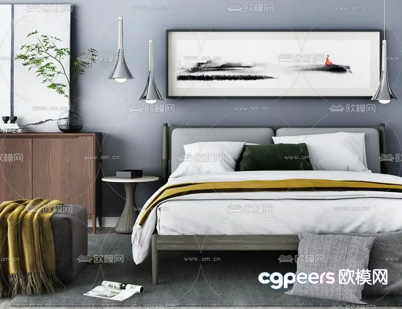 New Chinese style double bed 3d model