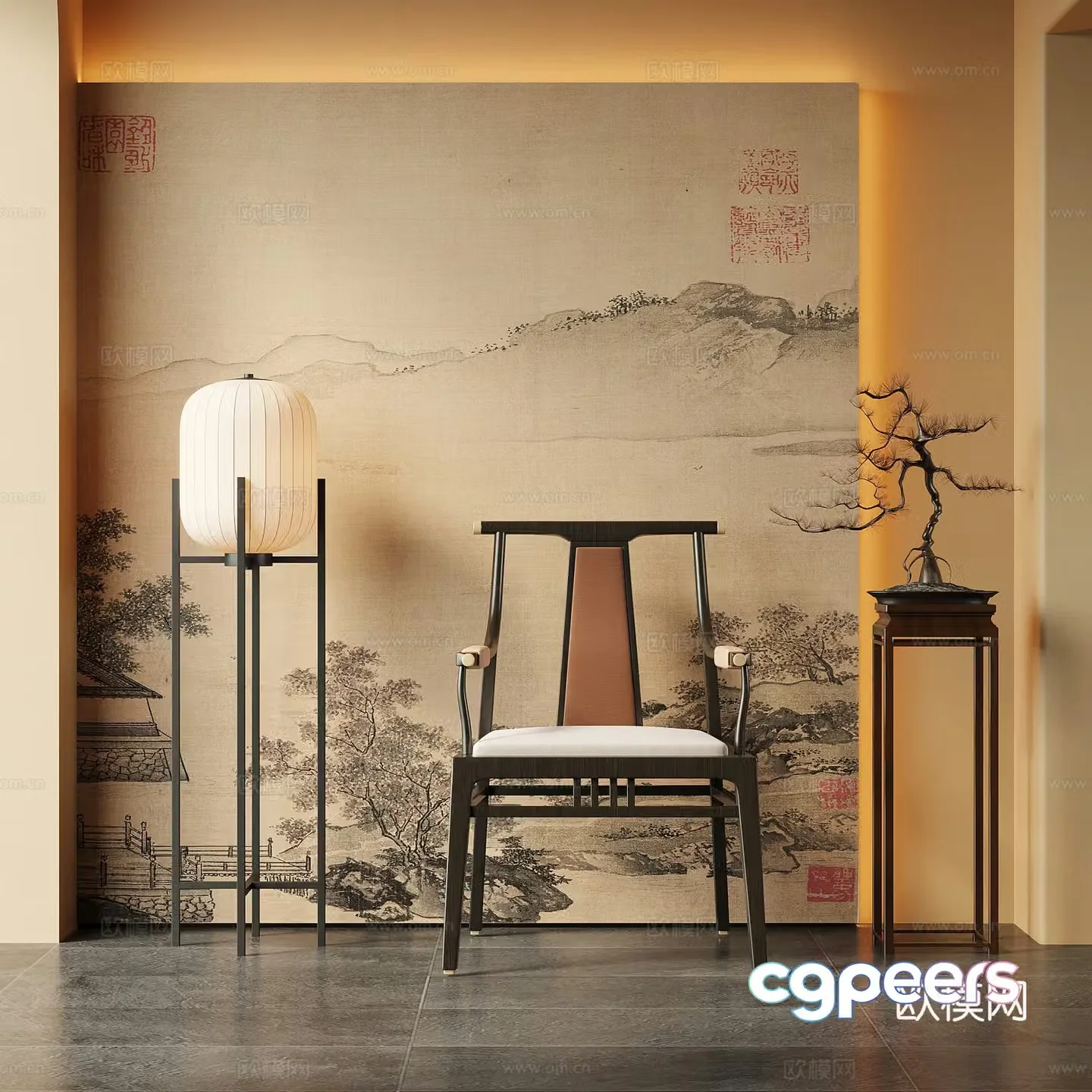Dining chair New Chinese style leisure chair Dining chair Floor lamp Flower stand bonsai 3D model