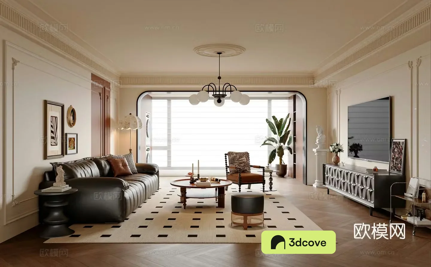 French medieval style living room finished TV cabinet sofa and coffee table combination leisure chair pier 3D model of hanging paintings