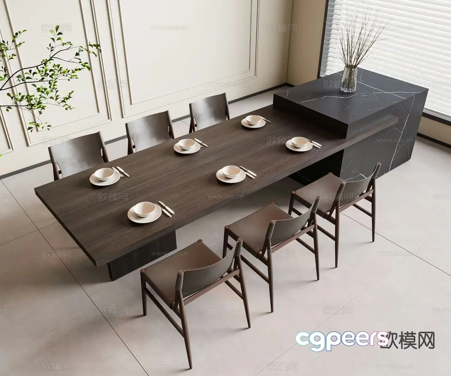 Wabi-sabi style dining table and chairs island 3d model