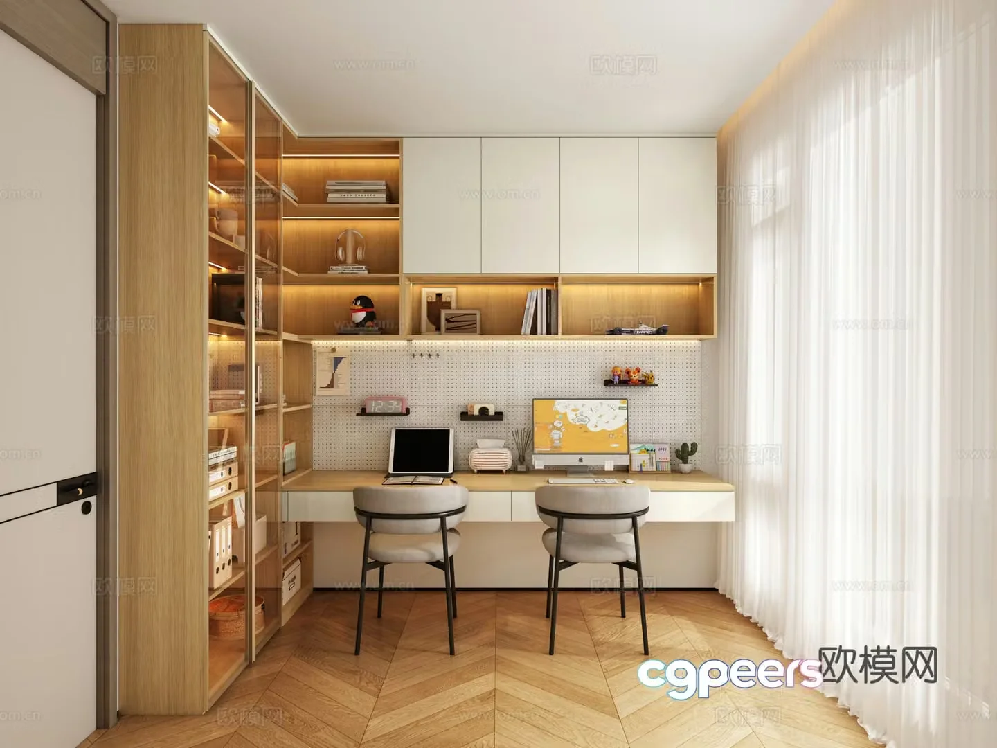 Modern log cream study multifunctional room 3d model
