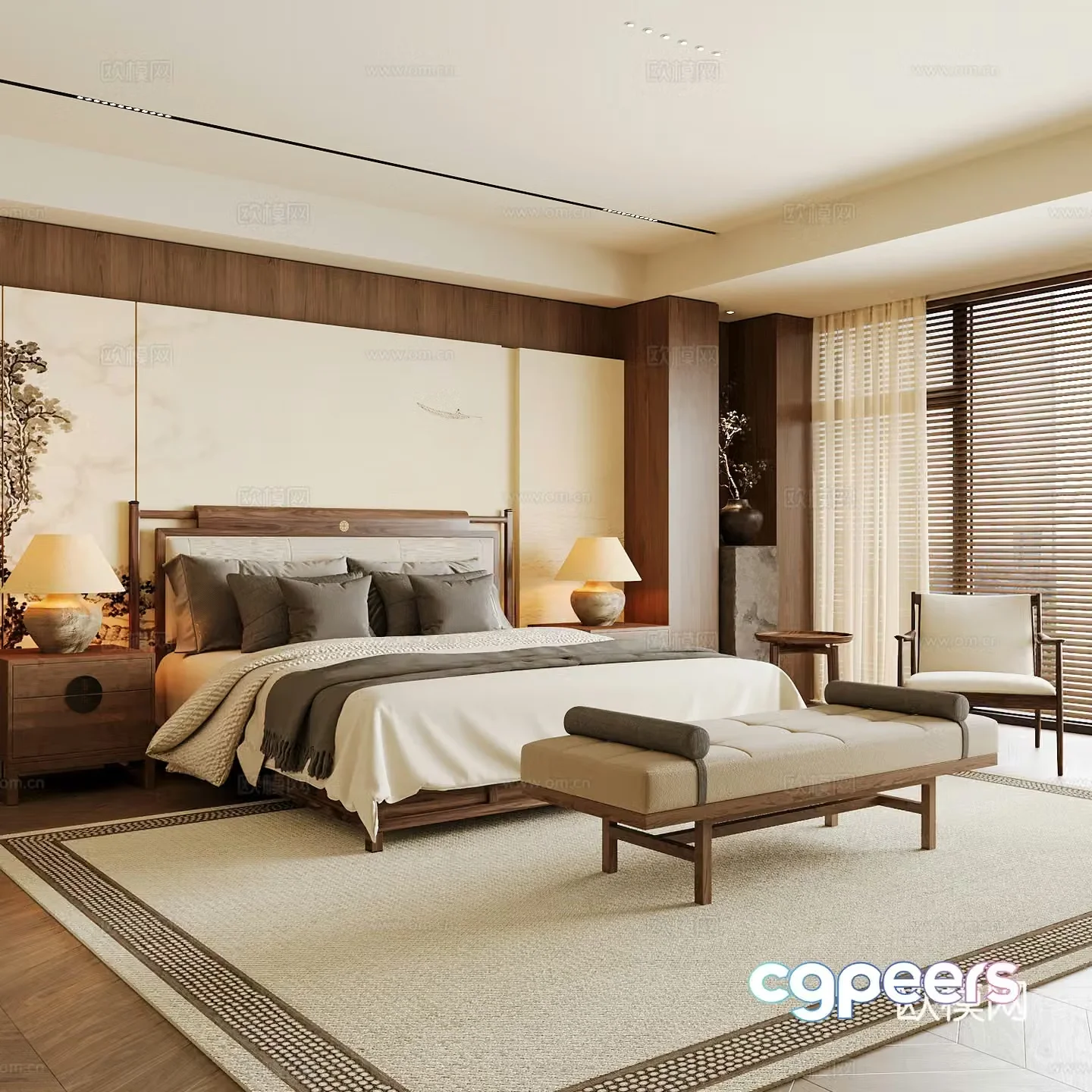 New Chinese style home bedroom Song family aesthetic bedroom Song style bedroom New Chinese style double bed New Chinese 3D model