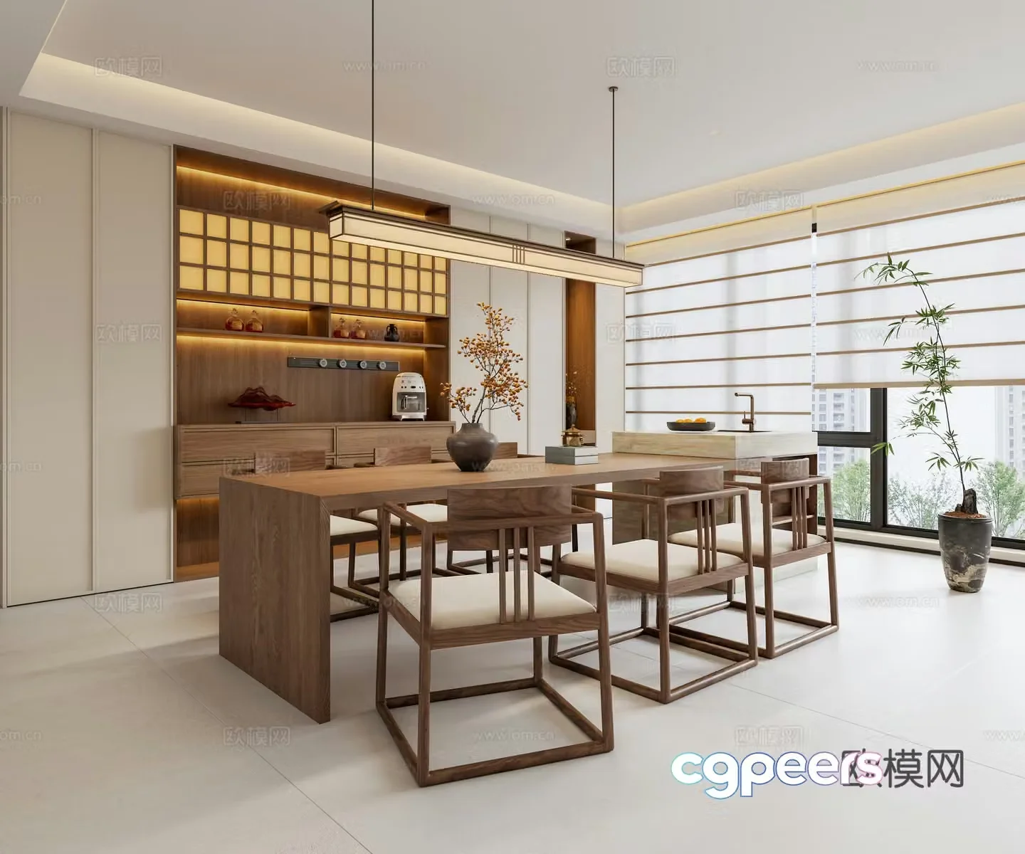 Zen New Chinese Restaurant Island Dining Table and Chair Combination Song-style Restaurant Chandelier Western Kitchen Side Cabinet 3D Model