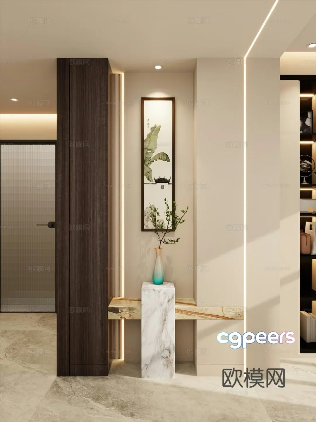 New Chinese style Zen style one-line light on the wall shoe cabinet end viewing platform rock slab platform entrance 3D model