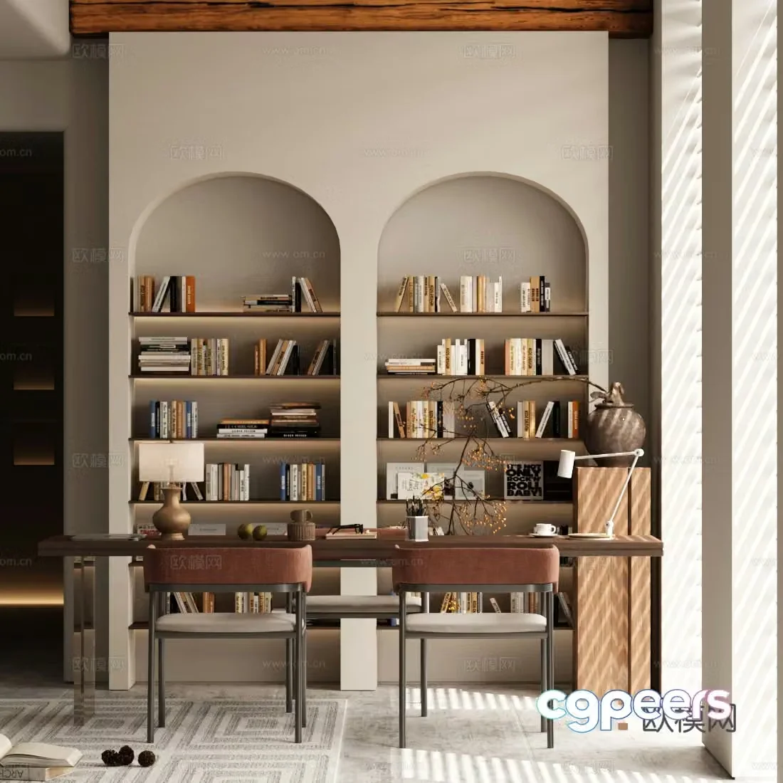Modern floor-standing bookcase bookshelf desk and chair combination 3D model
