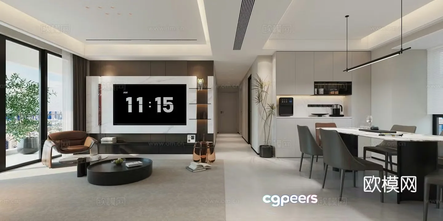 Italian minimalist style modern style living and dining room entrance 3d model