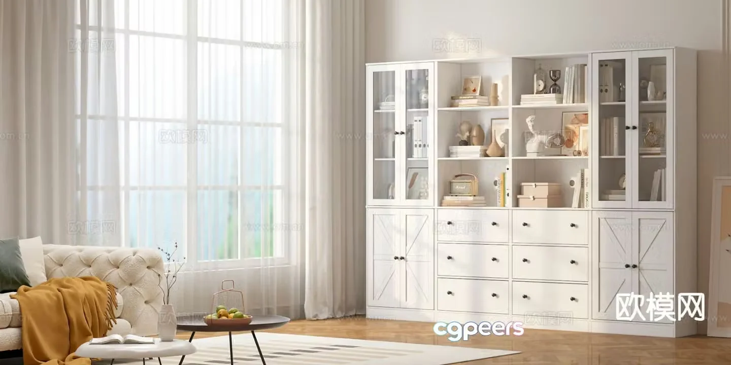Cream style bookcase display cabinet 3d model