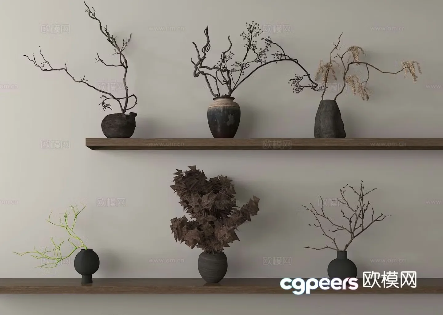 Wabi-sabi dried branches clay pot dead branches vase floral 3D model